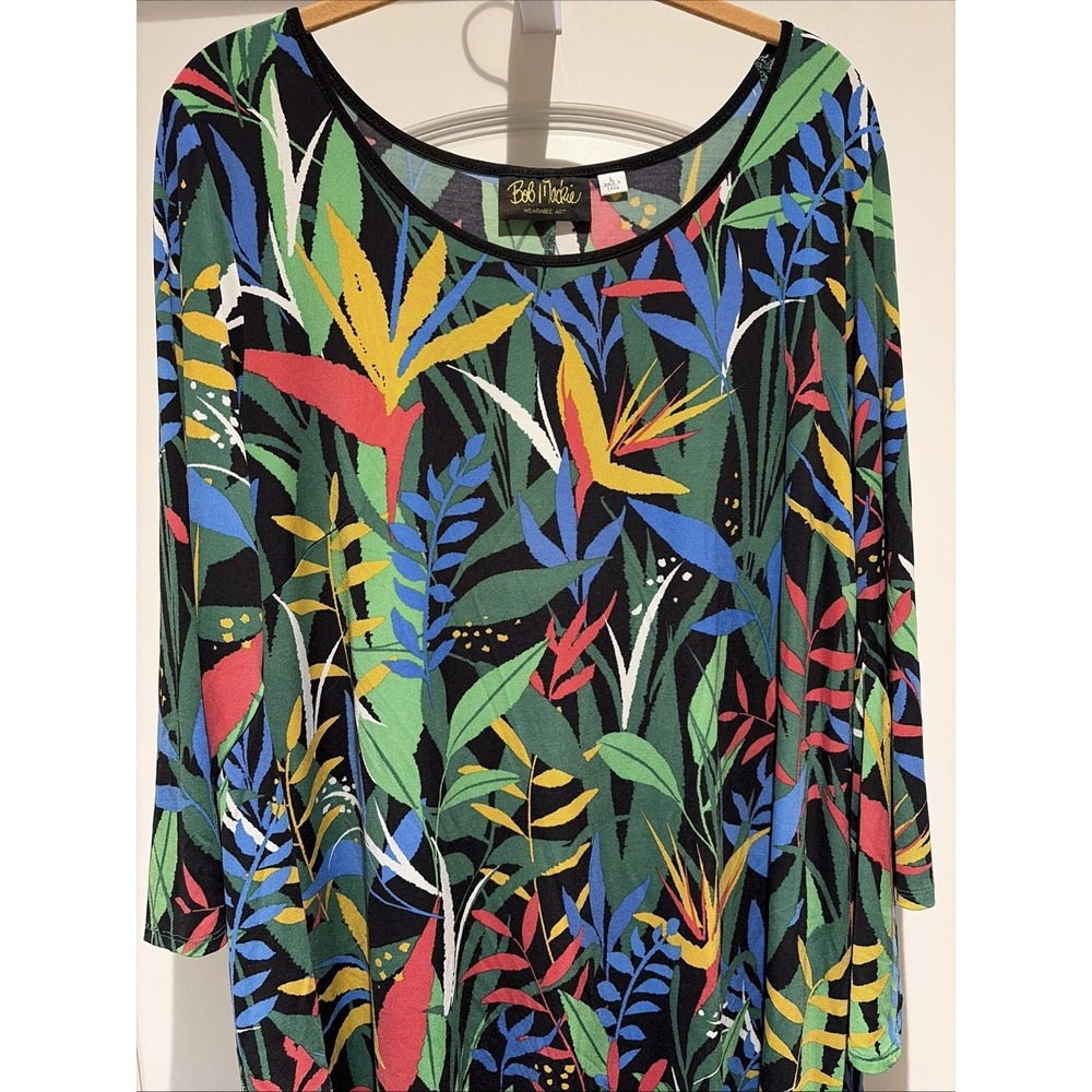 Bob Mackie Tropical Paradise Print Knit Dress Saddle Brown Size Large - Picture 2 of 10